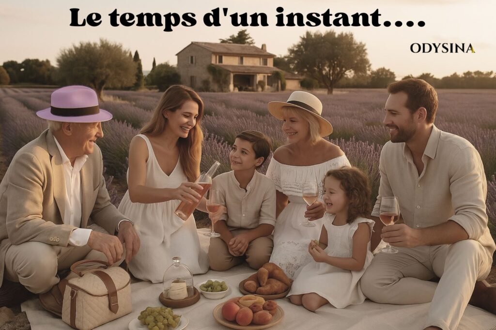 Déjeuner familial champêtre dans un champ de lavande, près d’un mas provençal traditionnel, avec des produits du terroir.